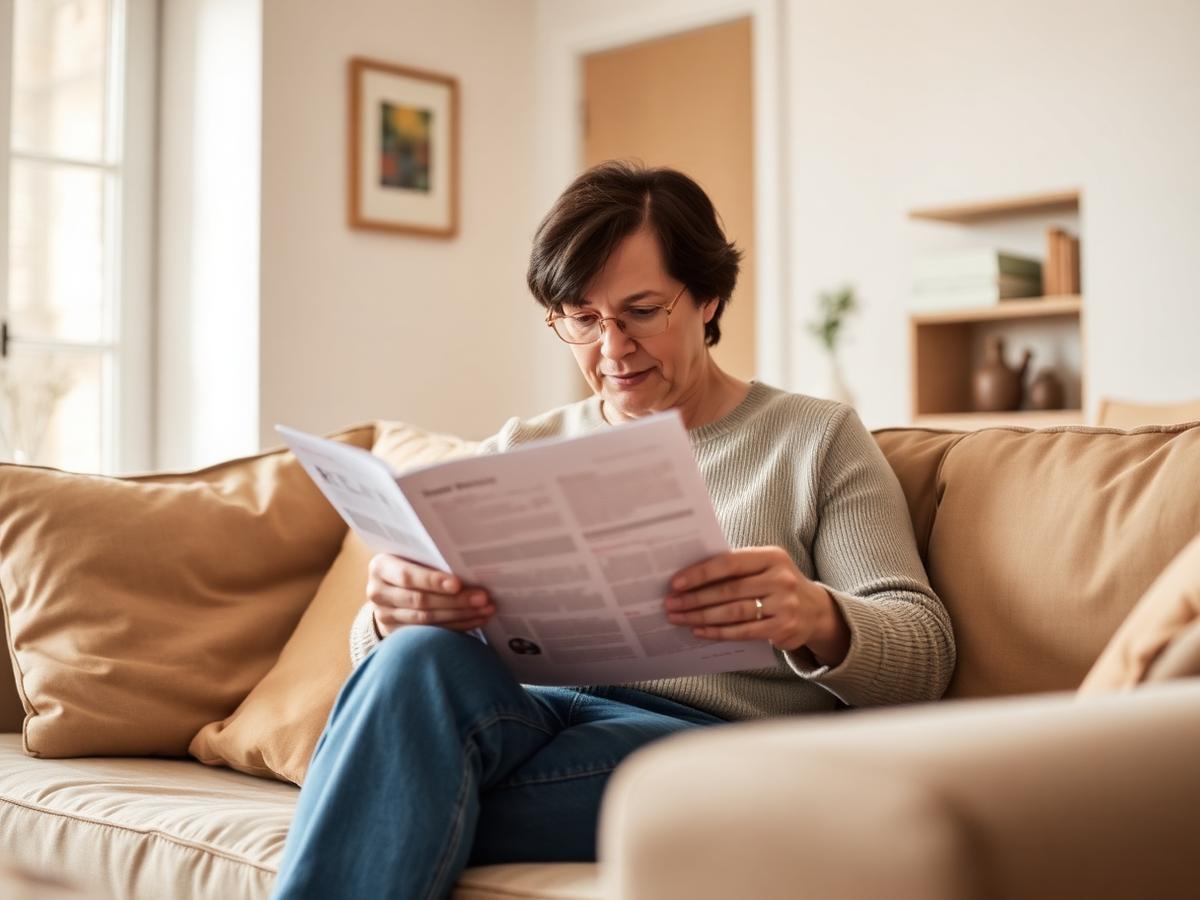 A woman reading a written report while sitting on her sofa