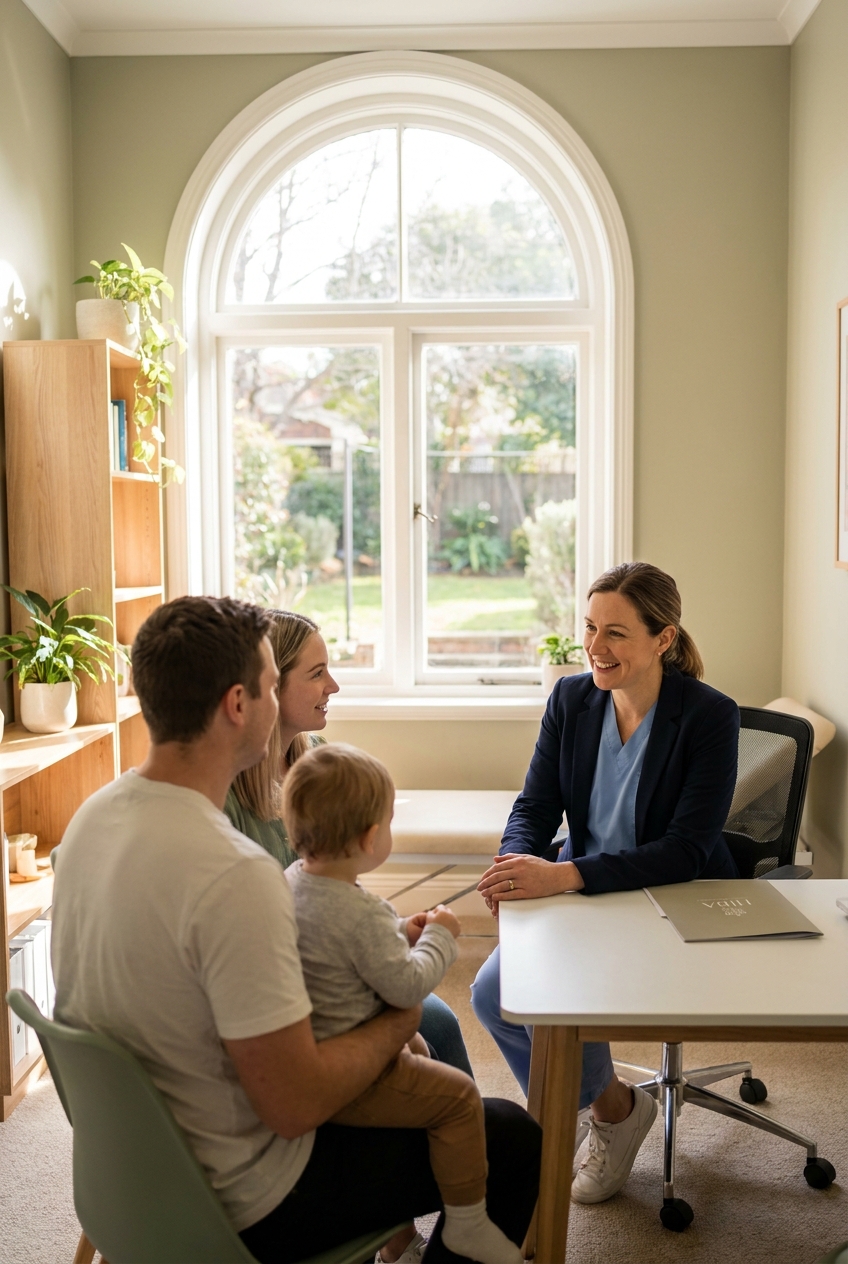 A family talking with a clinician at her desk
