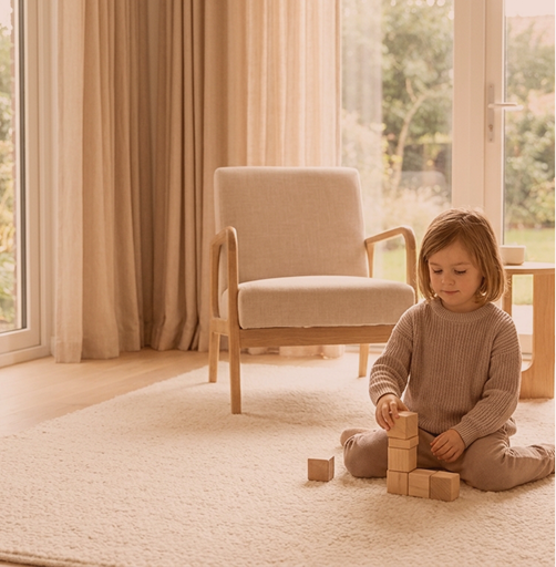 A child playing with wooden blocks in a bright therapy room at Hiba by Anthalora
